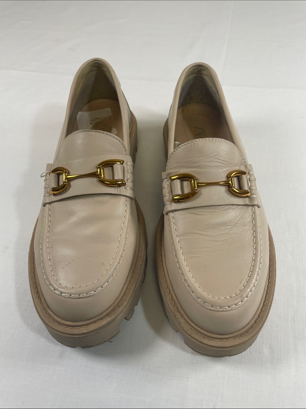 Zara Cream Leather Loafers with Gold Horsebit